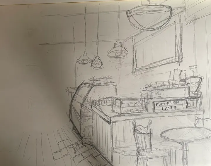 Pencil sketch of a café interior with pendant lamps, a counter and a sign that reads “Latte”
