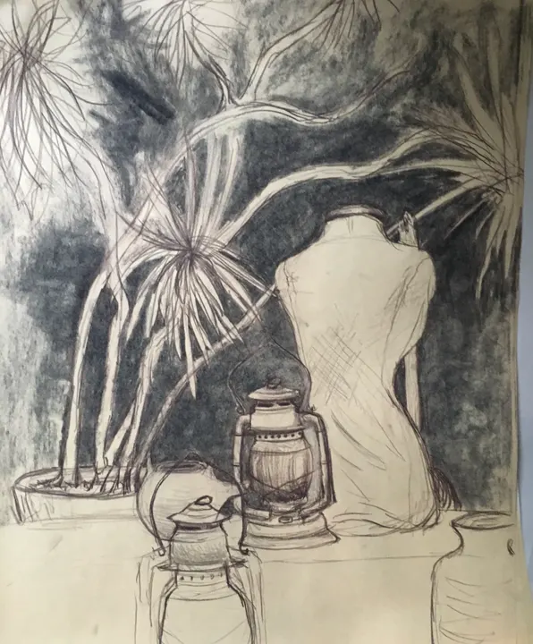 Charcoal drawing of a dress form, an oil lantern and a spiky palm plant