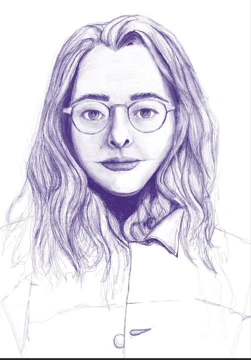 Digital self-portrait in purple line: long wavy hair, round glasses, the collar of her coat left unfinished