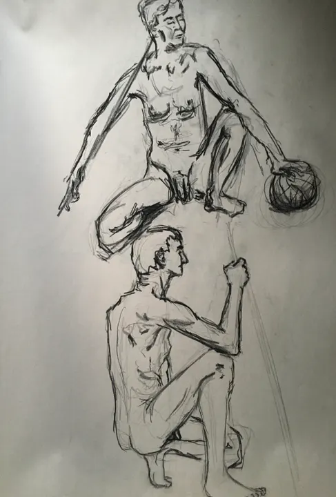Two charcoal gesture drawings of nude figures, one kneeling with a ball