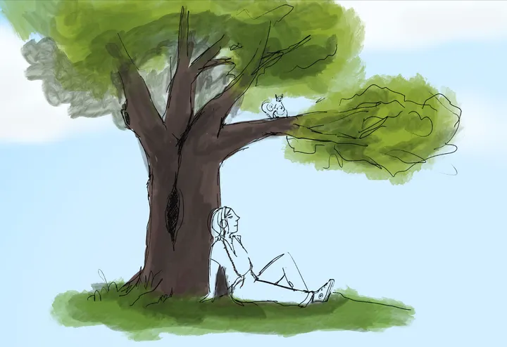 A quick sketch on a pale blue sky: a figure with headphones and sneakers sits against the trunk of a big leafy tree, a tiny squirrel on its outstretched branch.
