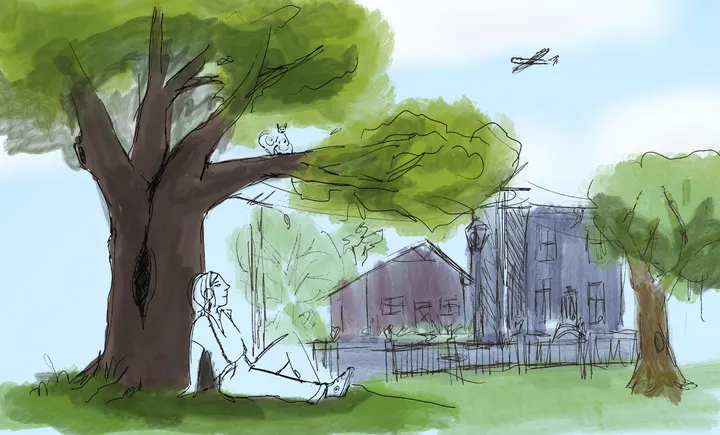 The same sketch widened into a scene: rough houses, a lamp post and a fence behind the tree, a second tree on the right and a plane in the daytime sky.