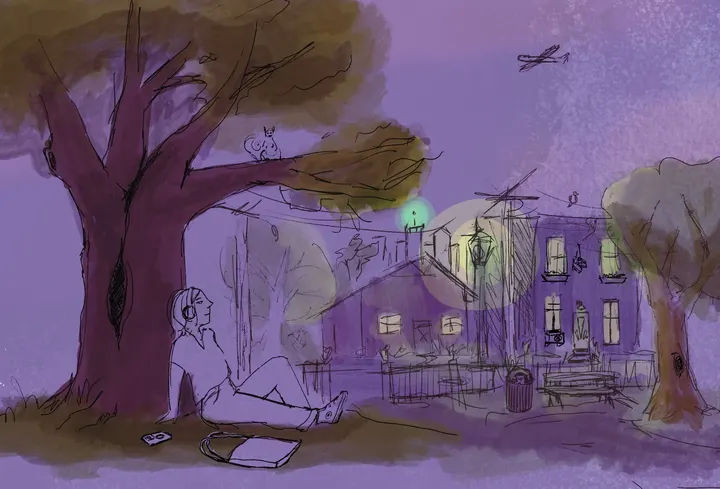 A loose first sketch in purple washes: a figure with headphones sits under a large tree with a squirrel on its branch, looking across a fenced yard towards rowhouses, a glowing street lamp, a bench and a bin, with a plane overhead.