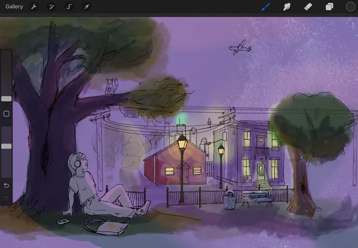 The second draft, open in Procreate: the same scene with cleaner line work, a red-brick house added in the middle and lamp posts lit warm yellow.