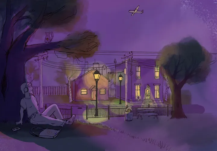 The third draft: the colour deepened to a dusky violet, lamp light pooling on the path, the house and rowhouse windows glowing orange.