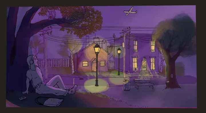 The third draft stretched out to a wide 16:9 frame, the tree, fence and houses moved apart to fill the extra width.