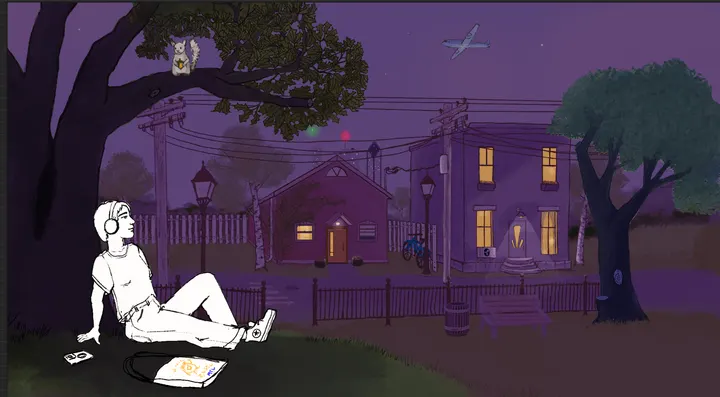 The scene part-way through rendering: the buildings, fences and grass painted in flat night colours, the girl still an uncoloured line drawing, the squirrel on the branch holding an acorn.