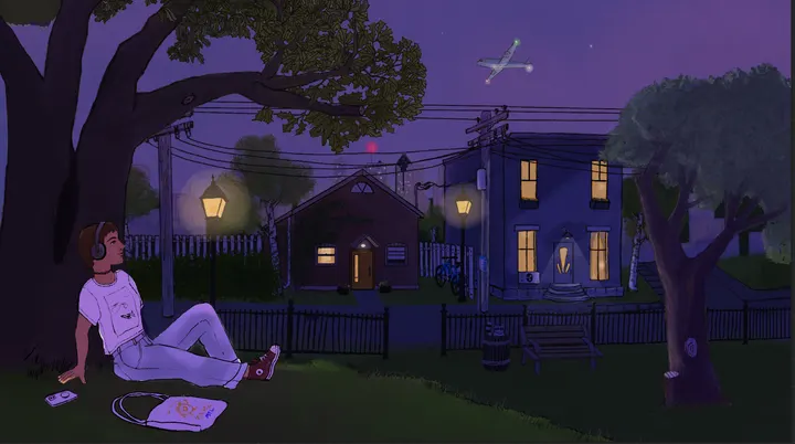 Rendering continued: the girl now coloured, with brown hair, a white tee, pale jeans and red sneakers; lamps glowing and a constellation of stars beside the plane.