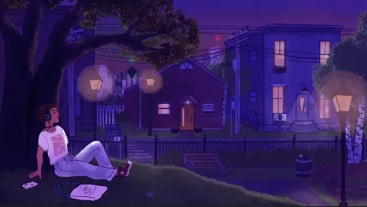 Digital painting of a street at night in purple light: a girl in headphones sits on the grass under a big tree, a tote bag beside her, looking across a fence and a park bench at a red-brick house and a blue rowhouse with lit windows, warm street lamps glowing and a city skyline behind