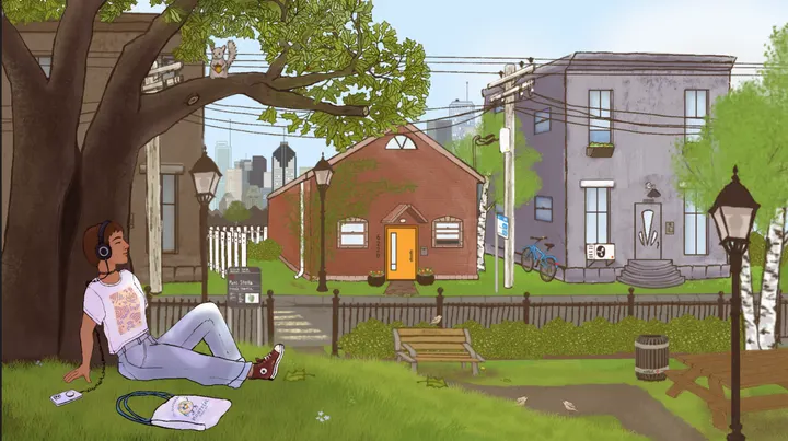 The finished scene by day: a bright blue sky over the city skyline, a red-brick house with a yellow door, a grey rowhouse with a bicycle out front, green grass and trees, a wooden bench and a picnic table; the girl leans against the tree with the squirrel above her.