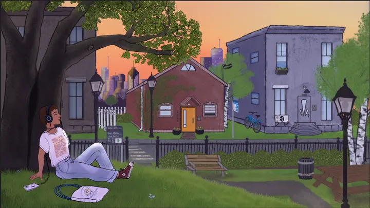 The same scene at dawn: the sky behind the skyline glows orange and pink, the buildings still in cool shadow.