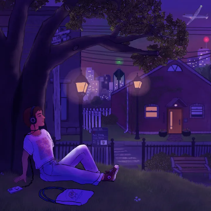The square album cover: at night, a young woman with headphones and a red sneaker leans against a big tree on a grassy slope, eyes closed, a music player and a tote bag beside her. Behind a wrought-iron fence, lamp posts glow over a red-brick house, with a lit city skyline and a plane in the purple sky.