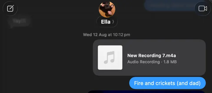 Julia sends Ella an audio recording, New Recording 7.m4a, captioned “Fire and crickets (and dad)”.