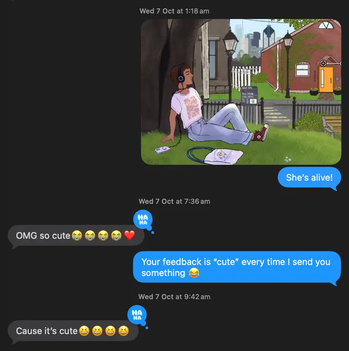 Julia sends Ella a close-up of the girl in daylight, eyes closed under the tree, with “She’s alive!” Ella replies “OMG so cute” with crying emoji; Julia says “Your feedback is ‘cute’ every time I send you something”, and Ella answers “Cause it’s cute”.