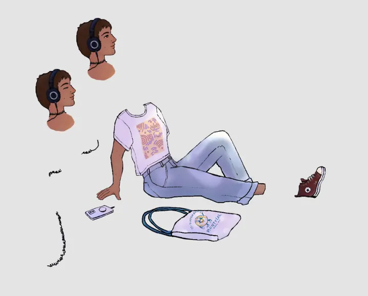 The girl taken apart into her animation pieces: two heads in headphones, eyes open and closed, her body sitting with no head, a loose sneaker, her phone, a Montreal tote bag and the headphone cord in scraps.