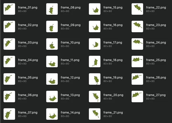 A folder of 27 small 80×80 frames, frame_01 to frame_27: one green holly-shaped leaf turning and tumbling as it falls.