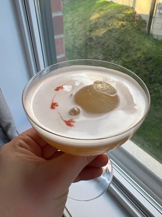 Hand holding the sour up to a window, the bitters hearts on its foam