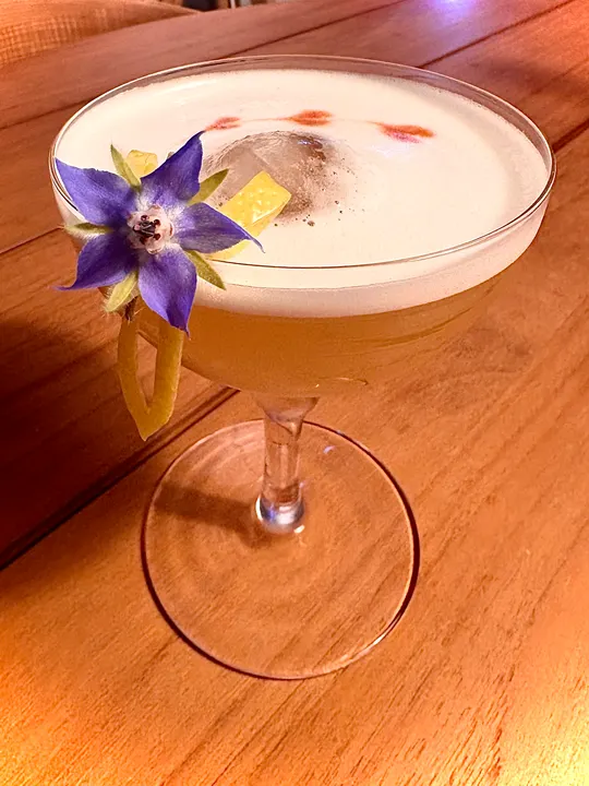 Close-up of the borage and lemon garnish on the rim of the sour