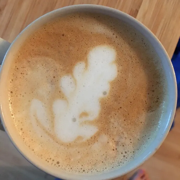 A broad, lumpy rosetta in a white mug
