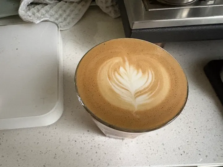 Overhead view of a latte with a rosetta of fine leaves