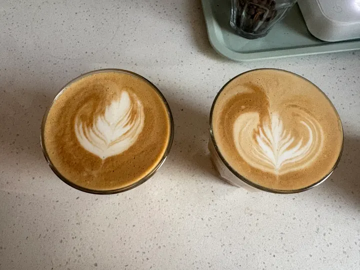 Two lattes side by side, a rosetta and a tulip