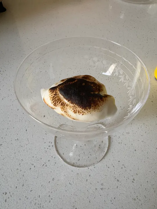 A scoop of egg white ice cream in a cut-glass coupe, its surface blowtorched golden brown and charred in patches