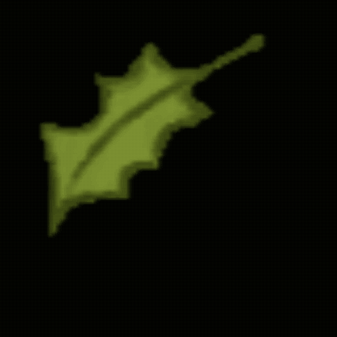 The same green holly-shaped leaf, animated: it turns over and over as it falls.
